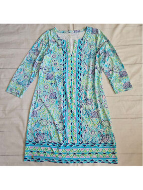 Lilly Pulitzer Nadine UPF 50+ Blue Ibiza Open Water Dress Mosaic Large Preppy
